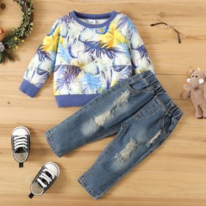 2pcs Baby Elephant and Plants Print Long-sleeve Sweatshirt and Ripped Denim Jeans Set