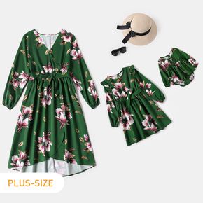 All Over Floral Print Dark Green V Neck Long-sleeve Belted Dress for Mom and Me