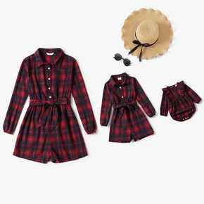 Long-sleeve Plaid Lapel Collar Romper Shorts for Mom and Me