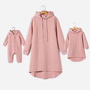 Pink Long-sleeve Ribbed Hoodie Dress for Mom and Me