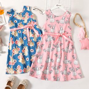 Easter Kid Girl Floral Rabbit Print Backless  Bowknot Design Sleeveless Dress