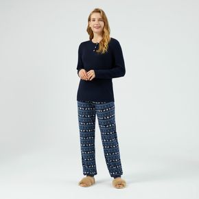 Half Button Dark Blue Long-sleeve Tee and Allover Print Pants Pajamas Lounge Set