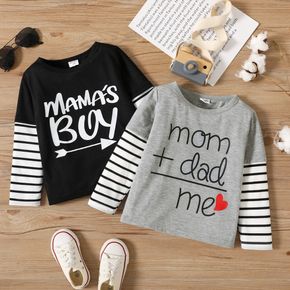 Toddler Girl/Boy Letter and Stripe Print Faux-two Design Long-sleeve Grey or Black Tee