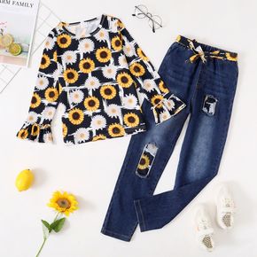 2-piece Kid Girl Floral Print Layered Sleeve Top and Patchwork Belted Denim Jeans Set