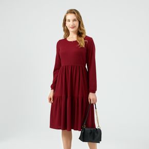 Minimalist Round Neck Long-sleeve Red Tiered Midi Dress