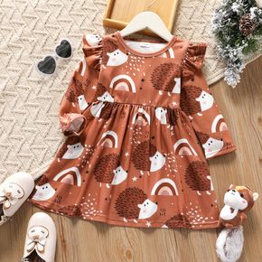 Toddler Girl Ruffled Animal Hedgehog Rainbow Print Long-sleeve Brown Dress