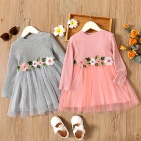 Baby/Toddler Girl Floral Embroidered Ribbed Mesh Splice Long-sleeve Dress