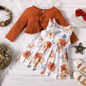 2pcs Baby Girl Brown Ribbed Long-sleeve Ruffle Cardigan and Floral Print Sleeveless Dress Set