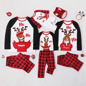 Christmas Cartoon Reindeer and Letter Print Family Matching Raglan Long-sleeve Red Plaid Pajamas Sets (Flame Resistant)