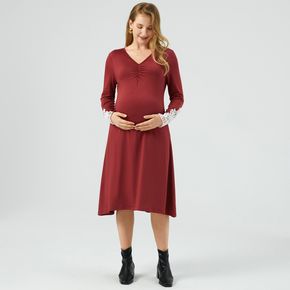 Maternity Hollow Out Lace Trim Long-sleeve Dress
