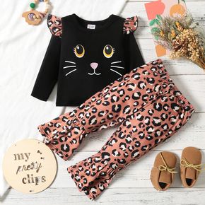 2pcs Baby Girl Cartoon Cat Print Black Long-sleeve T-shirt and Leopard Bell Bottom Pants Set