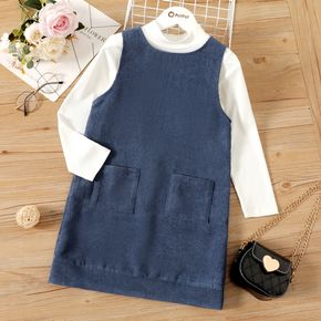 2-piece Kid Girl Mock Neck Long-sleeve White Top and Denim Color Overall Dress Set