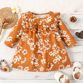 Baby Girl All Over Floral Print Brown Long-sleeve Ruffle Dress