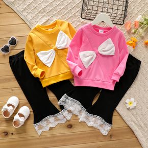 2-piece Toddler Girl Bowknot Design Pullover Sweatshirt and Lace Cuff Flared Pants Set