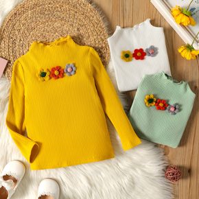 Toddler Girl 3D Floral Embroidered Lettuce Trim Long-sleeve Ribbed Tee