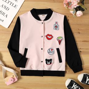 Kid Girl Bear Lips Embroidered Patch Button Design Bomber Jacket