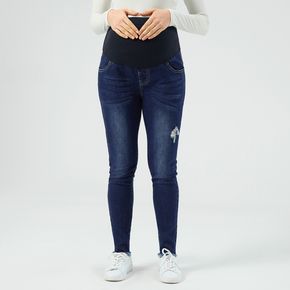 Maternity Deep Blue Fly Ripped Stretch Jeans
