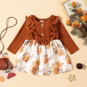 Baby Girl Brown Ribbed Long-sleeve Ruffle Splicing Floral Print Dress