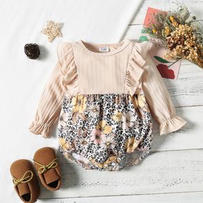 Baby Girl Apricot Ribbed Long-sleeve Ruffle Splicing Leopard Floral Print Romper
