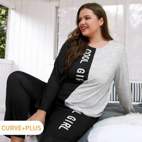 2-piece Women Plus Size Casual Letter Print Colorblock Long-sleeve Tee and Pants Pajamas Lounge Set