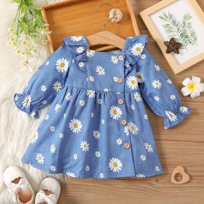 Baby Girl All Over Daisy Floral Print Blue Ruffle Square Neck Long-sleeve Dress
