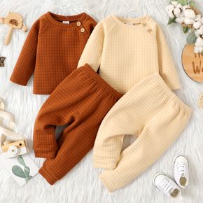 2pcs Baby Boy/Girl Solid Textured Long-sleeve Top and Trousers Set
