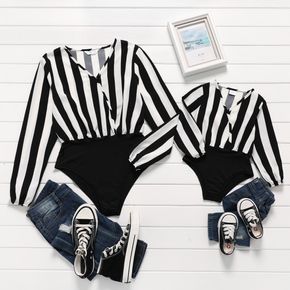 Black and White Striped Long-sleeve Wrap V Neck Romper Bodysuit for Mom and Me