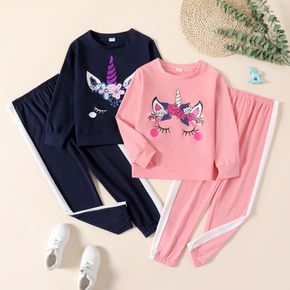 2-piece Kid Girl Unicorn Print Sweatshirt and Colorblock Pants Set