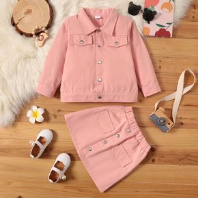 2-piece Toddler Girl 100% Cotton Lapel Collar Button Design Pink Jacket and Elasticized Skirt Set