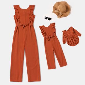 Coral Sleeveless Ruffle Belted Jumpsuit for Mom and Me