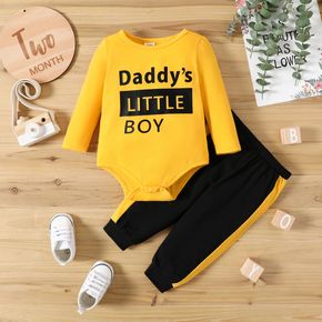 2pcs Baby Boy Letter Print Yellow Long-sleeve Romper and Trousers Set