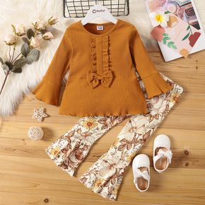 2-piece Toddler Girl Ruffled Long Bell sleeves Ribbed Brown Top and Floral Print Flared Pants Set