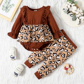 2pcs Baby Girl Brown Ribbed Ruffle Long-sleeve Splicing Leopard Romper and Trousers Set