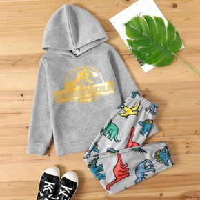2-piece Kid Boy Letter Dinosaur Golden Print Hoodie Sweatshirt and Elasticized Pants Set