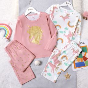 2-piece Kid Girl Golden Unicorn/Rainbow Print Long-sleeve Tee and Polka dots/Unicorn Print Pants Set