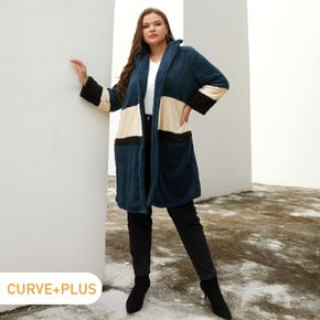 Women Plus Size Casual Lapel Collar Colorblock Fuzzy Longline Coat
