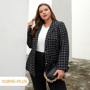 Women Plus Size Casual Plaid Peak Lapel Collar Button Design Blazer Jacket