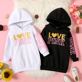 Toddler Girl Heart-shaped and Letter Print Hooded Long-sleeve White or Black Dress