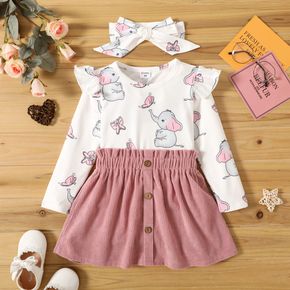 3-piece Toddler Girl Elephant Print Ruffled Long-sleeve Top, Button Design Paperbag Pink Skirt and Headband Set