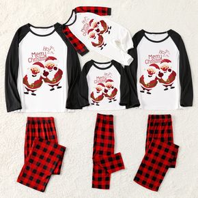 Christmas Santa and Letter Print Family Matching Raglan Long-sleeve Red Plaid Pajamas Sets (Flame Resistant)