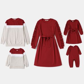 Family Matching Red Ruched Long-sleeve Belted Dresses and Colorblock Sweatshirts Sets