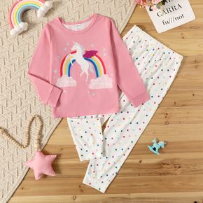 2-piece Kid Girl Rainbow Unicorn Print Long-sleeve Tee and Polka dots Pajamas Lounge Set