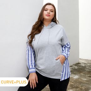 Women Plus Size Casual Faux-two Drawstring Stripe Sleeve Hoodie Sweatshirt