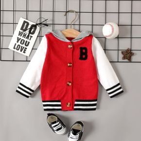 Baby Letter Pattern Color Block Knitted Long-sleeve Hooded Baseball Jacket