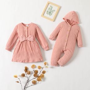 Pink Cable Knit Long-sleeve Sibling Matching Dresses and Hooded Jumpsuits