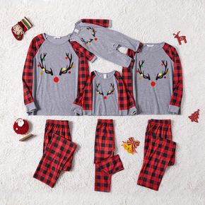Christmas Antlers and String Lights Print Family Matching Raglan Long-sleeve Red Plaid Pajamas Sets (Flame Resistant)
