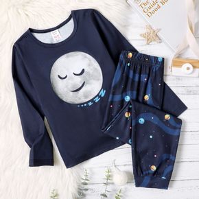 2-piece Kid Boy Moon Cartoon Print Long-sleeve Tee and Planet Print Pants Pajamas Lounge Set
