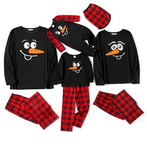 Cartoon Snowman Face Print Black Family Matching Long-sleeve Plaid Pajamas Sets (Flame Resistant)