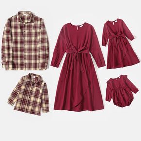 Family Matching Solid Long-sleeve Belted Tulip Hem Dresses and Plaid Shirts Sets