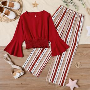 2-piece Kid Girl Smocked Hem Long Bell sleeves Red Blouse and Stripe Straight Pants Set